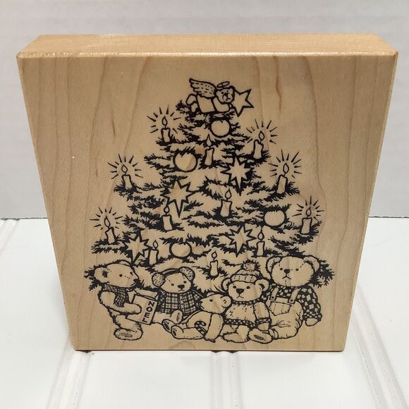 Teddy Bears Candles Christmas Tree PSX K-1885 Rubber Stamp Vintage 1996 New - Picture 1 of 8